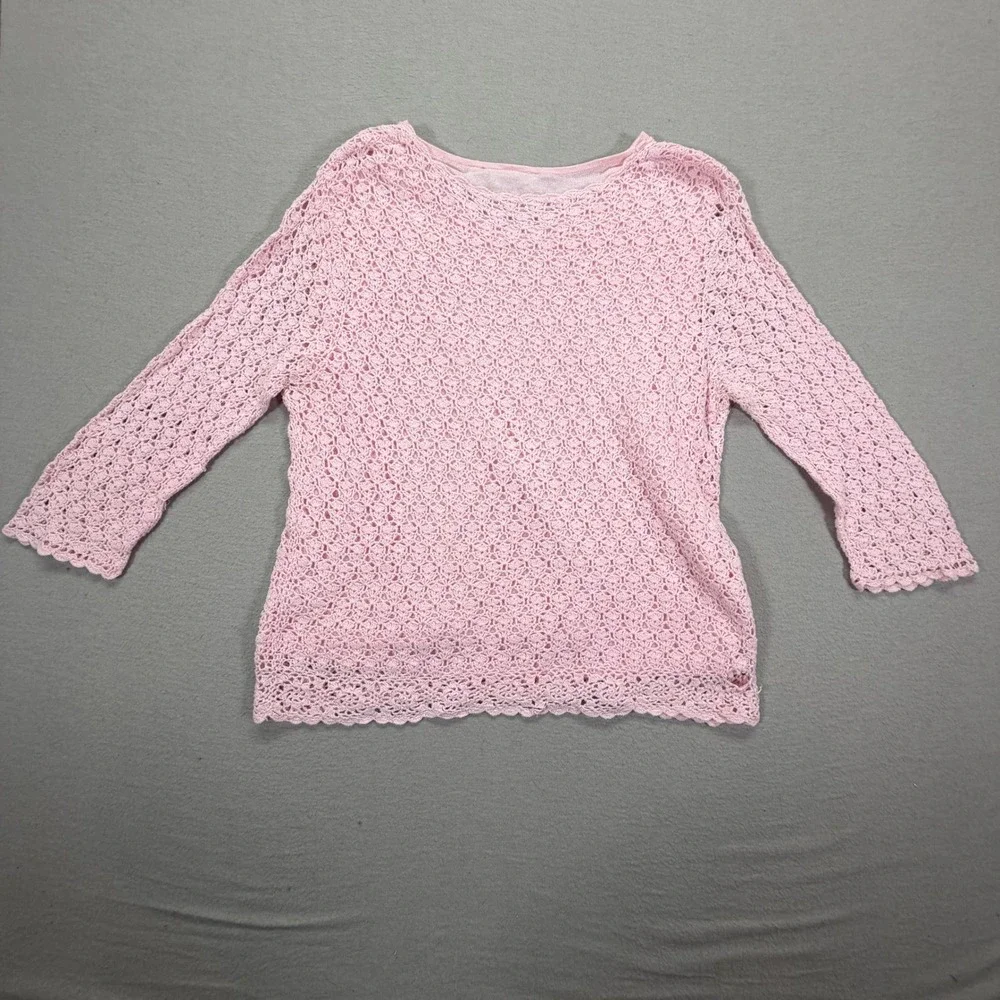 Croft‎ & Barrow Crochet Sweater Women L Good Pink V-Neck 3/4 Sleeve Knit Top